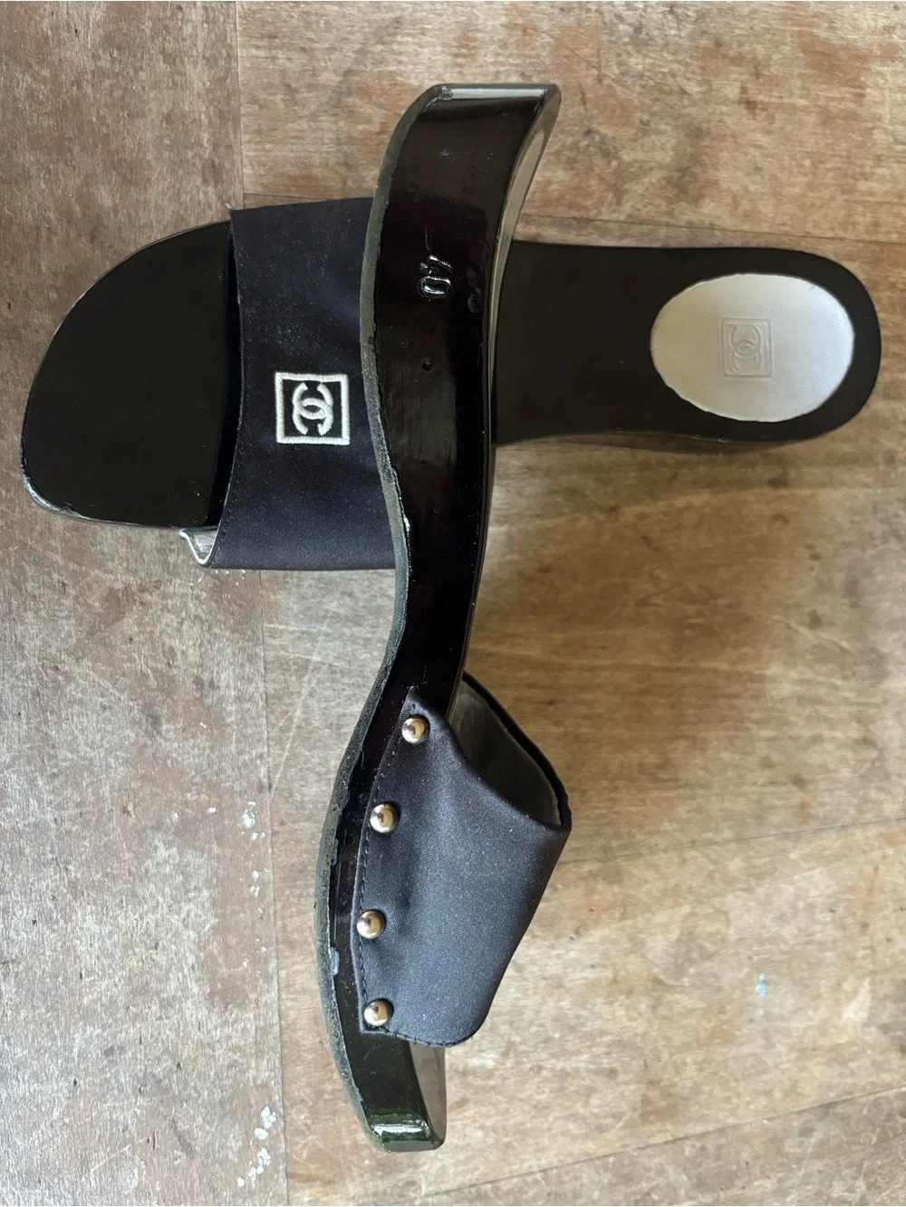 CHANEL Black Slide Sandals with White CC Logo